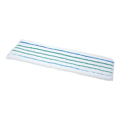 A white mop head with blue and green stripes on a white background.
