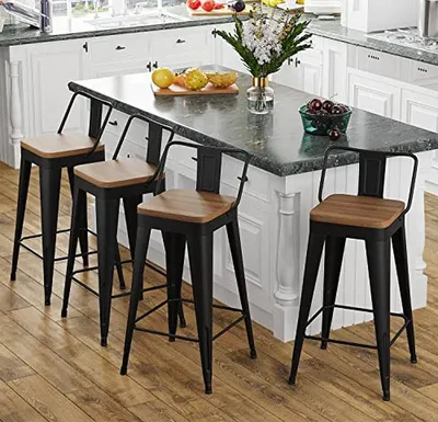 Productafbeelding van Barkrukken Set - Metalen Stoelen - Bar en Keuken - Stapelbaar met Rugleuning - 26 Inch Hoogte - Zwart