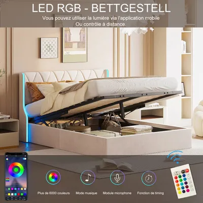 Produktbild von ProximaX Polsterbett 160x200cm mit LED und Lattenrost, Hydraulisches Boxspringbett mit Bettkasten und Stauraum, Samt Doppelbett Stauraumbett Funktionsbett,Beige