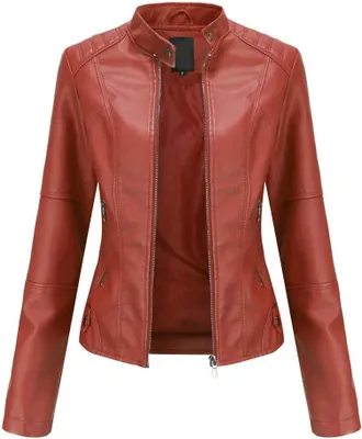 Productafbeelding van Dames bikerjack van kunstleer in rood, met rits en opstaande kraag