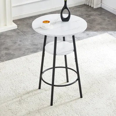 Immagine prodotto di MODFU, tavolino rotondo, tavolo da pranzo con doppio spazio contenitivo, tavolo da cucina con aspetto marmorizzato e struttura in metallo, bianco e nero