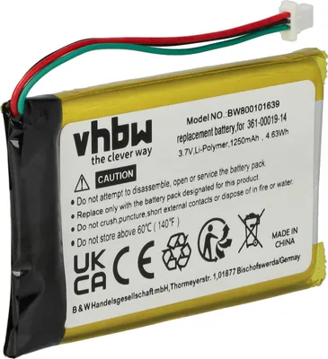 Produktbild von vhbw Akku Ersatz für Garmin 361-00019-14 für GPS Navigation Navi (1250 mAh, 3,7 V, Li-Polymer)