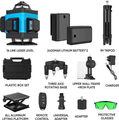 Produktbild von 4D Linienlaser - 16 Linien selbstnivellierend - 360° horizontal und vertikal - grüner Strahl - mit Stativ und Kunststoffkoffer - inkl. Akku