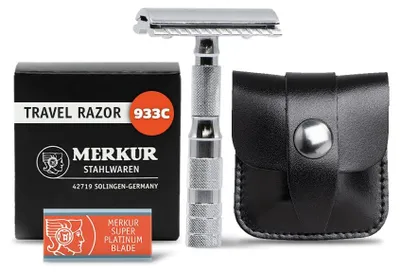 Immagine prodotto di MERKUR Dovo Travel Razor 933C, rasoio da viaggio smontabile, con una lama di prova, in custodia in pelle, cromato