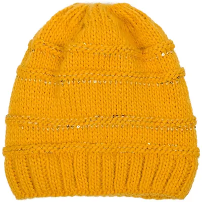 Produktbild von styleBREAKER Damen Strick Wintermütze mit Pailletten, Öffnung für Pferdeschwanz und Thermo-Fleece Futter, Beanie Mütze 04024177