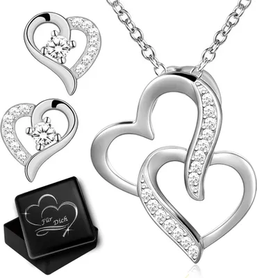 Produktbild von Schmuckset Herzkette für Damen Herz Hals Kette mit Ohrringe echt 925 Sterling Silber Set Ohrstecker Anhänger  Gravur Dose K970+K974+V12