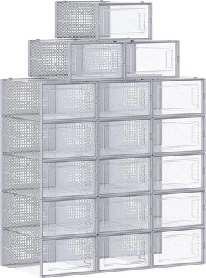 Produktbild von Famanu Schuhboxen Set von 18 - Faltbar und stapelbar, transparent-grau, für Schuhe bis Größe 44
