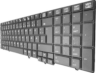 A black keyboard is shown from a diagonal angle against a white background.