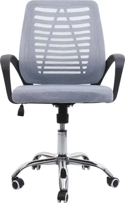 A front view of a gray office chair with a mesh back and seat, on a white background.