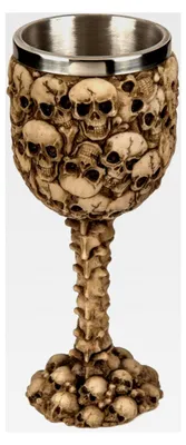 Produktbild von 3D-Totenkopf Weinglas Becher – Schädelbecher aus Kunststein und Edelstahl, mittelalterlicher Wikinger Krug, 300ml Fassungsvermögen