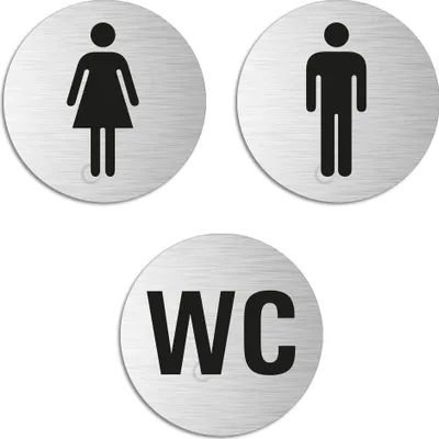 Produktbild von WC-Schild Türschild Toilettenschild 3er-Set Aluminium Edelstahloptik Damen + Herren + WC Ø 75 mm
