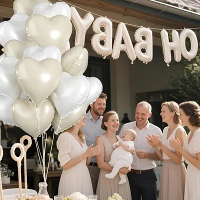 Oh Baby Dekoration mit Herz Folienballon in Creme und Weiß - Baby Shower Dekoration, Geburtstagsballons und Gender Reveal