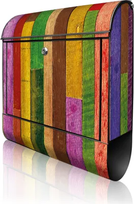 Produktbild von banjado Design Briefkasten Stahl schwarz mit Zeitungsfach pulverbeschichtet "Holz Collage Bunt" 38x46x12,5cm & 2 Schlüssel - Postkasten A4 Einwurf inkl. Montagematerial [BKSCH 10863]