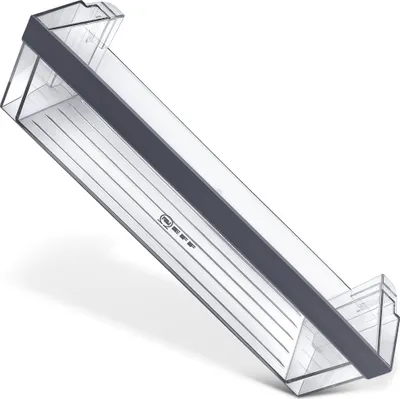 A clear plastic refrigerator door shelf with a gray trim, presented against a white background.