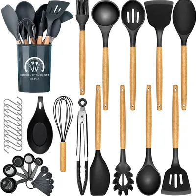 Produktbild von Silikon Kochgeschirr Set, Küchengerät 34 Stück Küchenhelfer Set, Antihaft Hitzebeständiger Silikonspatel Set, Küchenutensilien mit Hochwertige Holzgri