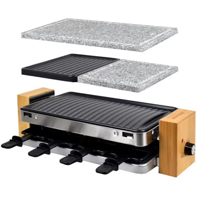 Produktbild von Syntrox Raclette Holz Design Lugano mit 4 Platten Grill und Heißer Stein für 8 Personen