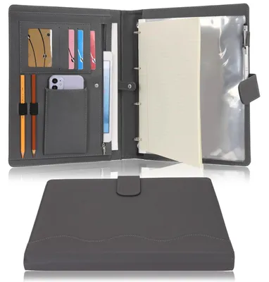 Image de Classeur A4 en cuir PU, gris, avec porte-cahiers et organisateur