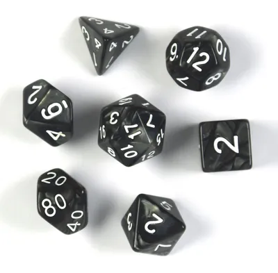 Produktbild von 7 polyedrische Würfel für Rollen- und Tabletopspiele in Schwarz mit Beutel