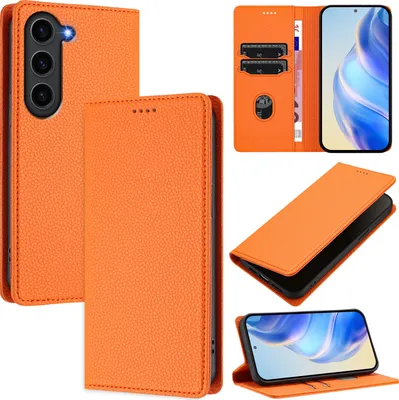 Image de Étui en cuir pour Samsung Galaxy S23 FE, Litschi cuir, étui portefeuille avec fentes pour cartes et support Orange