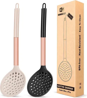 Obrázek produktu pro Bundlepro sada kuchyňských naběraček a cedníků 2 velké lžíce s drážkou žáruvzdorné bez BPA s nepřilnavým povrchem červená zlatá černá