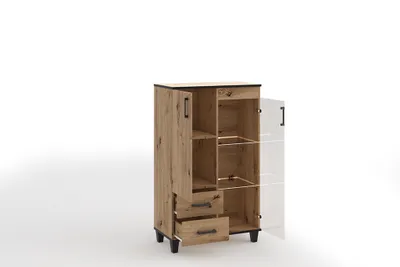 A wooden cabinet with glass doors and drawers, shown against a white background.