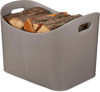 Imagen del producto de Cesta de imitación de cuero para leña – Cesta resistente con asas – Para almacenar leña – Tamaño XL – Gris oscuro