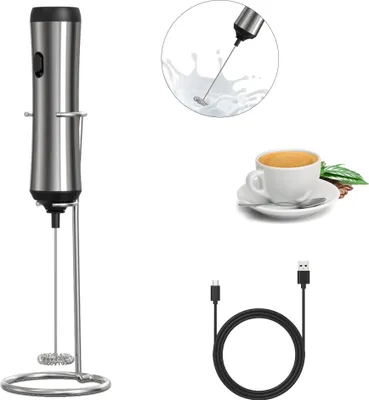 Produktbild von Elektrischer Milchaufschäumer Stab USB wiederaufladbar mit Edelstahlständer,Milchschäumer Elektrisch für Eier/Kaffee/Latte/Cappuccino-500mAh