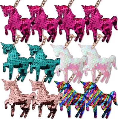Produktbild von 12 Stück Einhorn Pferd Schlüsselanhänger Glitzer Glitter Pailletten Kette Ring Schlüsselring 75mm mehrfarbig Mädchen Mitgebsel