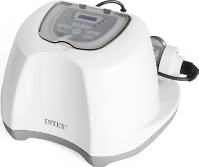 A white and gray Intex Krystal Clear Salzwassersystem QS700 Plus is shown on a white background.