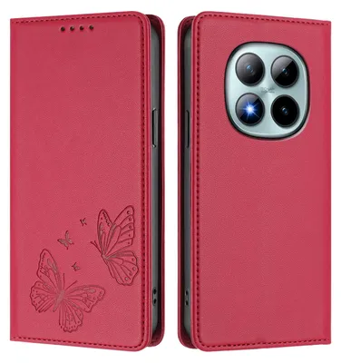 Produktbild von Lederhülle für Xiaomi Redmi Note 15 Pro+, Schmetterling Prägung Leder Brieftasche Schutzhülle mit Ständer Rot