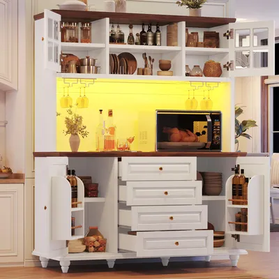 Produktbild von okwish Küche Hochschränke mit RGB-LED und 4 Schubladen,Küchenschrank mit Weinglashalter,verstellbaren Einlegeböden, Hochschrank,Weiß