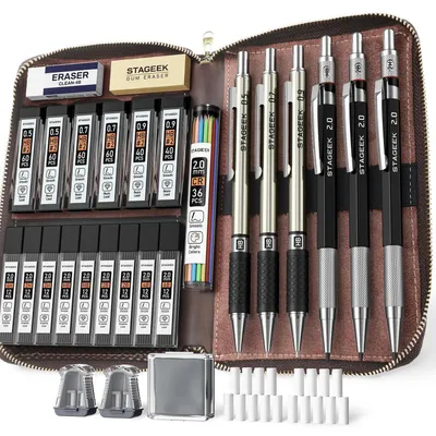 Produktbild von Druckbleistift Set Metall 30-teilig mit Ledertasche 0,5/0,7/0,9/2,0mm inkl. 464 Minen & Radierer