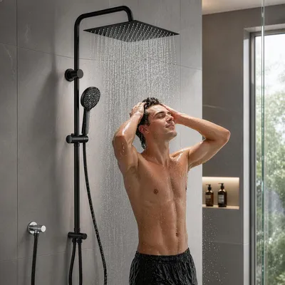 Image de Système de douche d'angle sans robinet, douche de pluie, douchette à main, en acier inoxydable, 300 mm, noir