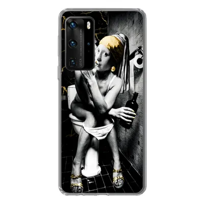 Produktbild von MuchoWow® Handyhülle Schutzhülle Hülle für Huawei P40 Pro Marmoroptik - Mädchen mit Perlenohrring - Zigaretten - Toilette - Gold - Kunst - Alte Meister Silikon Softcase Handy Hülle - Schutz