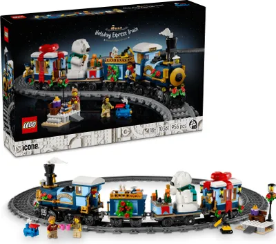 Produktbild von LEGO Icons Weihnachtsexpress - Set mit 3 Waggons, 16 Schienenteilen, einem Bahnsteig, 4 Minifiguren & einer Eisbär Figur - Modelleisenbahn Geschenk für Erwachsene - DIY Deko fürs Wohnzimmer - 10361