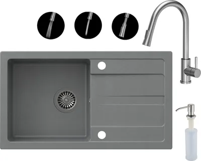 A kitchen sink set including the sink, faucet, and soap dispenser, presented on a white background.