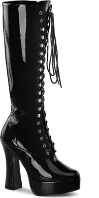 A studio shot of a single black patent leather boot.