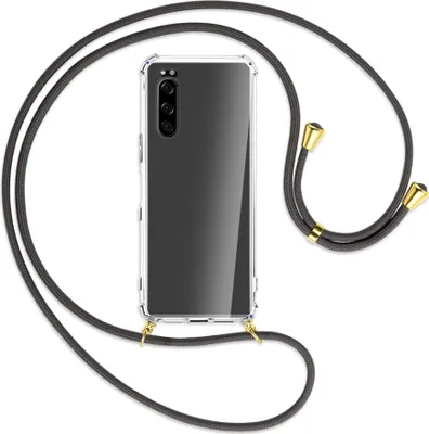 Produktbild von Handykette Backcover-Schutzhülle mit Band (Metall goldfarben) für Sony Xperia 5 - dunkelgrau