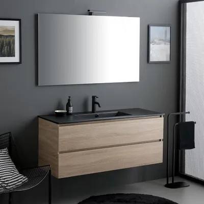 Produktbild von 120cm Möbel-Set für das Badezimmer in Holzoptik und mit schwarzem Waschbecken | Berlin