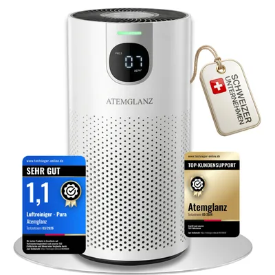 Produktbild von Atemglanz Allergiker Pura Luftreiniger {Auto, PM2.5} HEPA + Aktivkohle gegen Pollen, Staub, Gerüche, 18 dB, bis 80 m², 250 m³/h