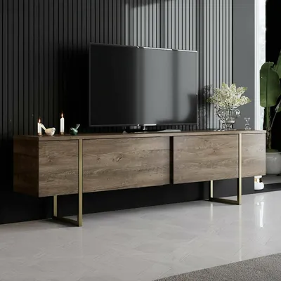 Image de Abishia - Meuble TV, 180x30x50h cm Noyer Marron, une Étagère