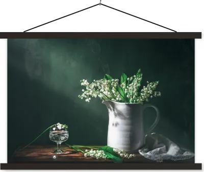 Produktbild von MuchoWow® Textilposter Maiglöckchen - Dose - Stilleben 120x80 cm mit schwarzem Rahmen - Wanddeko
