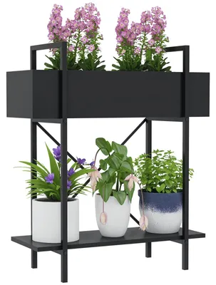 Produktbild von Pflanzenständer, Blumentopfständer mit 2 Ebenen, Ablauflöcher, Schwarz, für Balkon & Garten