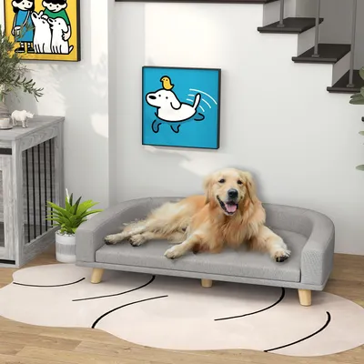Image de Canapé pour grands chiens, lit pour chien avec pieds en bois de pin, canapé rembourré pour animaux de compagnie, gris | 98 x 67 x 25 cm | jusqu'à 30 kg | coussin amovible
