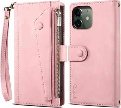 Produktbild von Schutzhülle für iPhone 11 Reißverschluss Hülle, Leder Klapphülle Kartenfach Standfunktion Brieftasche mit Trageband Rosa