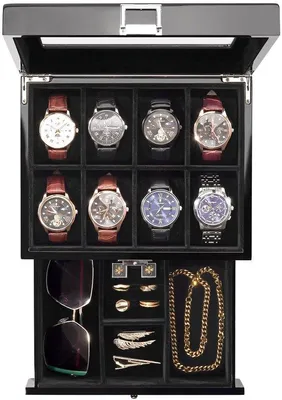 Produktbild von Uhrenbox mit 8 Fächern, Glasdeckel, Schwarz, Schmuckkasten