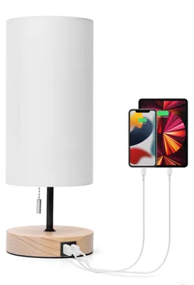 Produktbild von Aigostar Nachttischlampe mit 2 USB-Ladeanschlüssen, E27 Tischlampe mit Zugschalter, Holzsockel, Modern Tischleuchte für Schlafzimmer, Wohnzimmer, Schreibtisch, Babyzimmer - Weiß