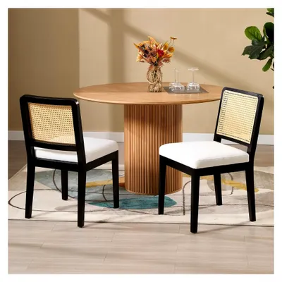 Produktbild von Esszimmerstühle 2er Set mit Rattan Rückenlehne, Küchenstühle mit Holzbeinen, Polsterstuhl für Esszimmer, Wohnzimmer, Küche und Schlafzimmer, Beige