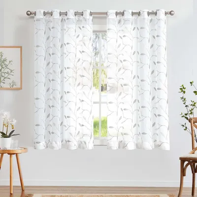 Voile-Gardine mit Blattstickerei, 2er-Set, 140x145 cm, Polyester, Ösen