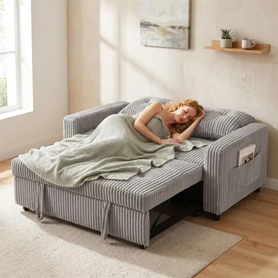 Zdjęcie produktu dla Sofa rozkładane 2-osobowe, obite tkaniną Cord, kolor jasnoszary | 157 x 90 x 91 cm | Wymiary łóżka: 190 x 126 cm | Oparcie regulowane do 180°